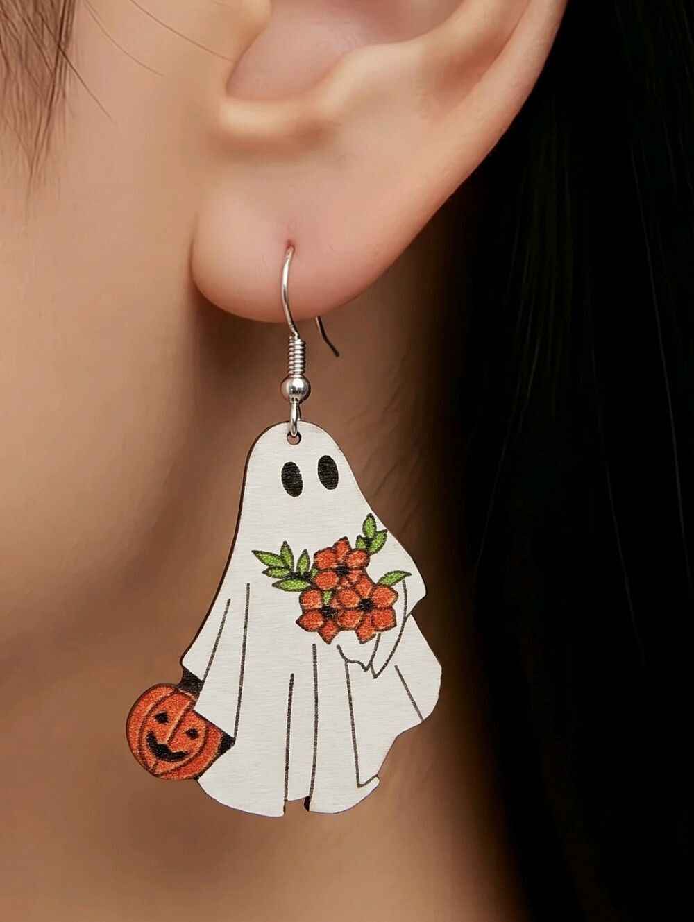 Ghost Earrings Flowers Pumpkin Jack O Lantern Wooden Halloween Cute Spooky Fun